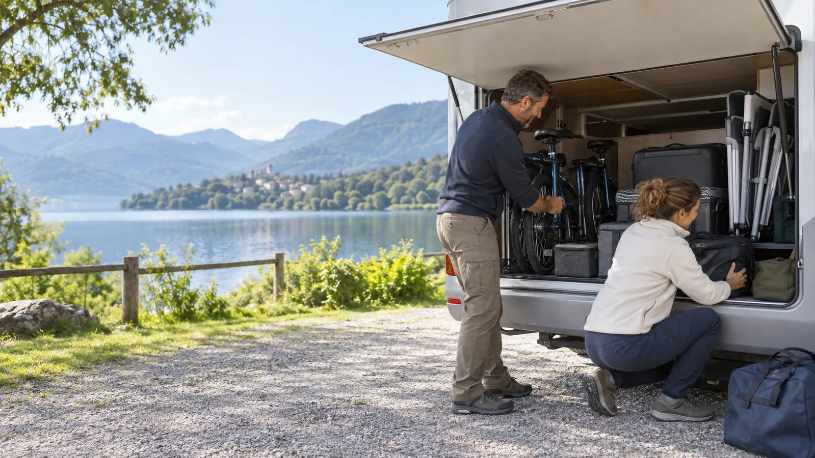 Équipements et contenu rangés dans la soute d’un camping-car